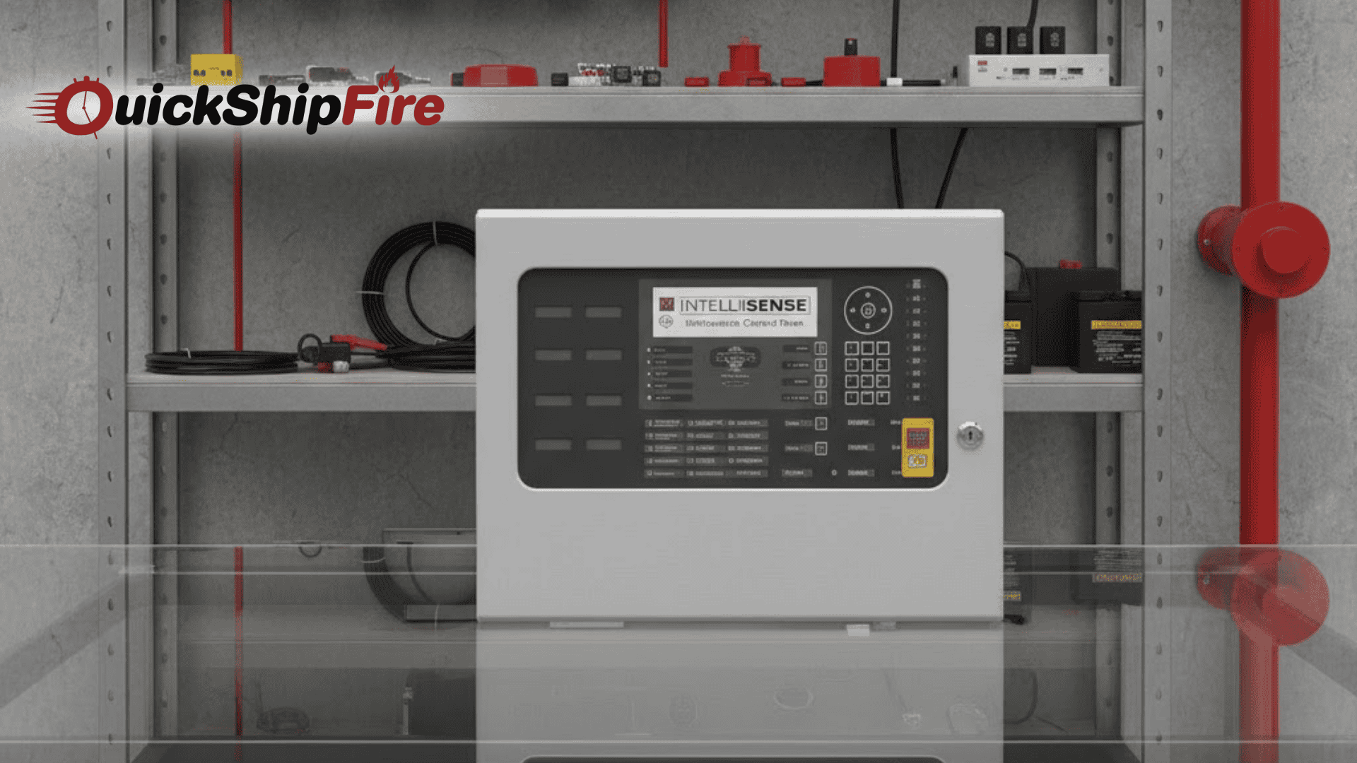 Fire Alarm Control Panel showing display and system controls in building safety room