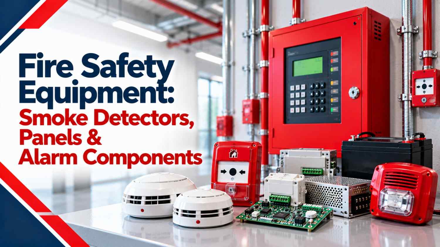 Fire safety equipment featuring smoke detectors, fire alarm control panel, alarm components, circuit boards, and emergency notification devices.